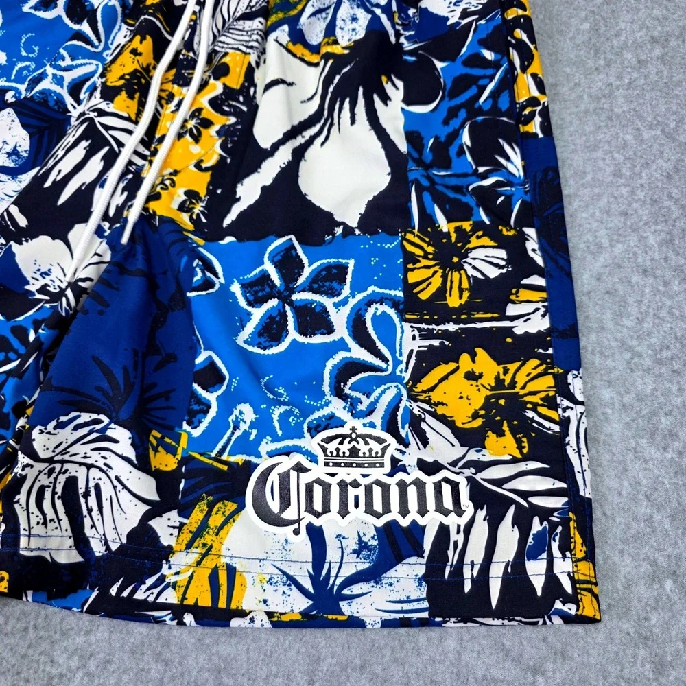 Corona Extra Men's Small‎ Floral Patchwork Swim Trunks Blue Yellow Board Shorts